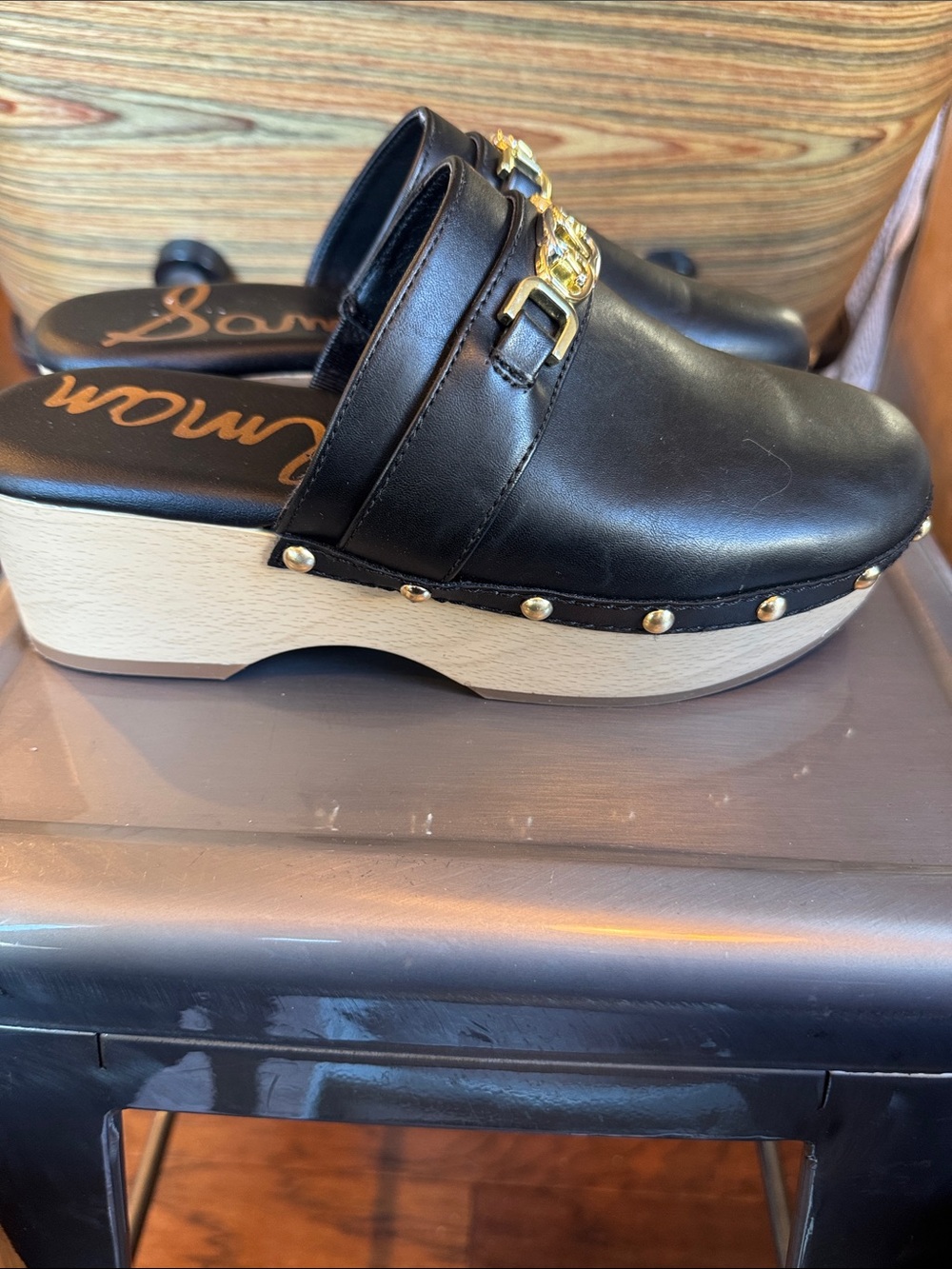 Sam Edelman Black Leather Slip-On Clogs with Gold Chain Accent - Picture 7 of 11